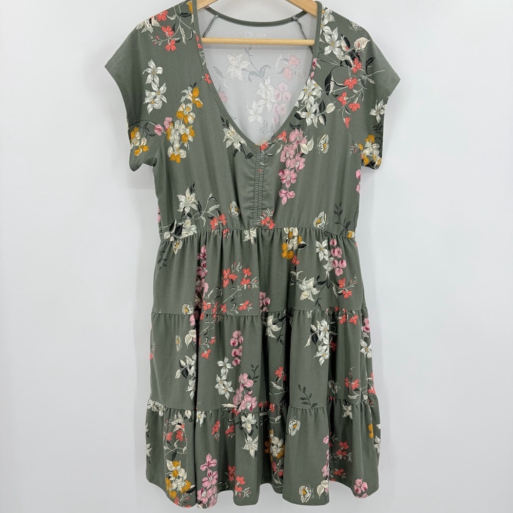 No Boundaries Women‎ XXL Floral Butterfly Tiered Babydoll Mini Dress Olive Green - Picture 4 of 6